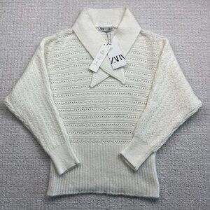 ZARA Women’s White Knit Sweater Size M NWT Bow Tie V-Neck Pullover Long Sleeve *